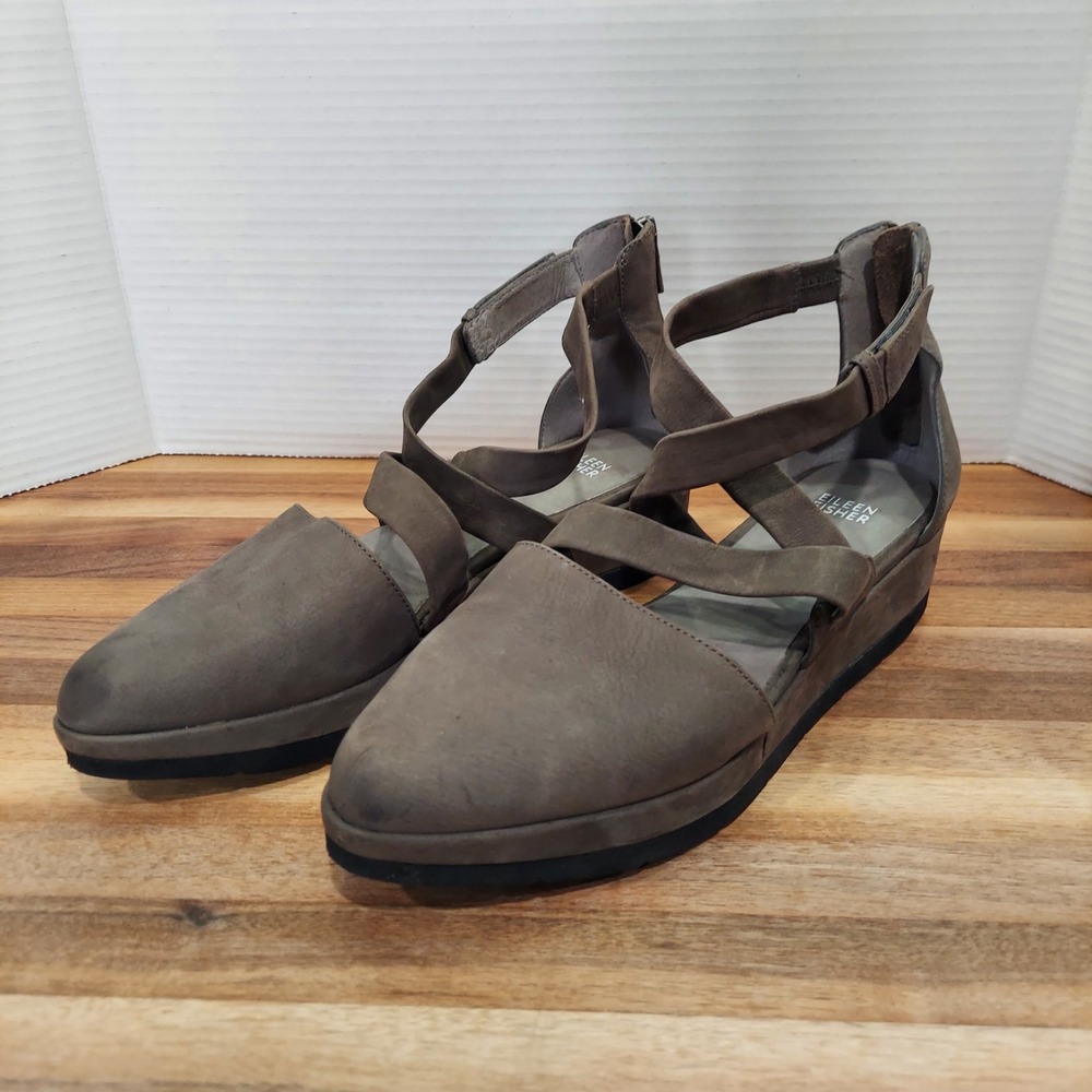 Eileen Fisher Bovery Gray Tumbled Nubuck Leather Strappy Wedge Sandal Size 10